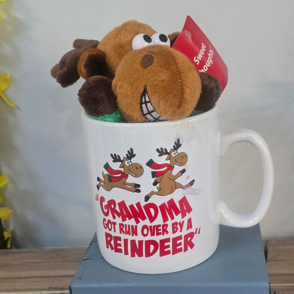 819 Ceramic Mug L Christmas Motif Grandma Run Over by Reindeer w Stuffed Moose